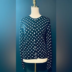 J. Crew Merino Wool Cardigan Sweater Navy Blue with White Polka Dots Sz.